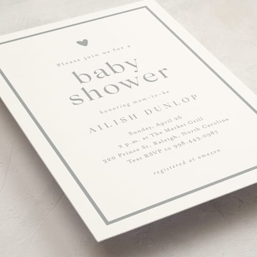 This is a cement baby shower invitations with standard by Stacey Meacham called heartbeat printing on signature in standard