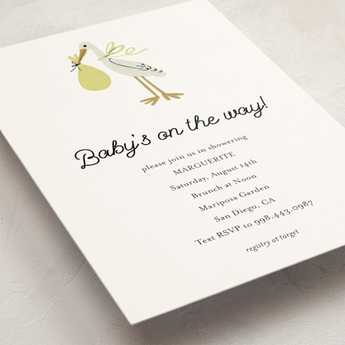 This is a lemon baby shower invitations with standard by Ani Somi called little stork printing on signature in standard