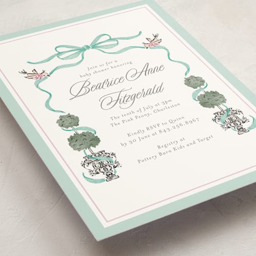 This is a aquamarine baby shower invitations with standard by Jackie Crawford called tiny topiary printing on signature in standard