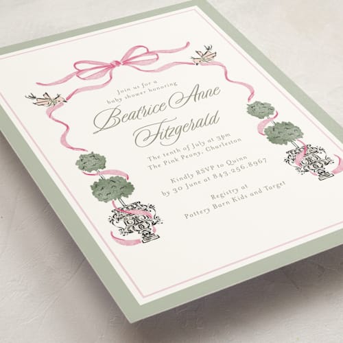 This is a peony baby shower invitations with standard by Jackie Crawford called tiny topiary printing on signature in standard