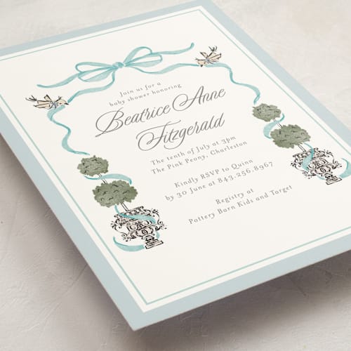 This is a blueberry baby shower invitations with standard by Jackie Crawford called tiny topiary printing on signature in standard