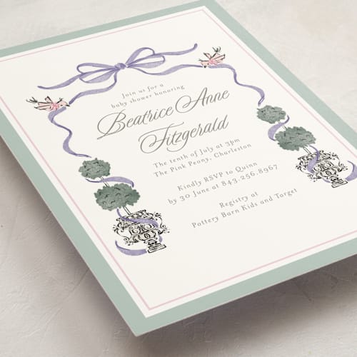 This is a violet baby shower invitations with standard by Jackie Crawford called tiny topiary printing on signature in standard