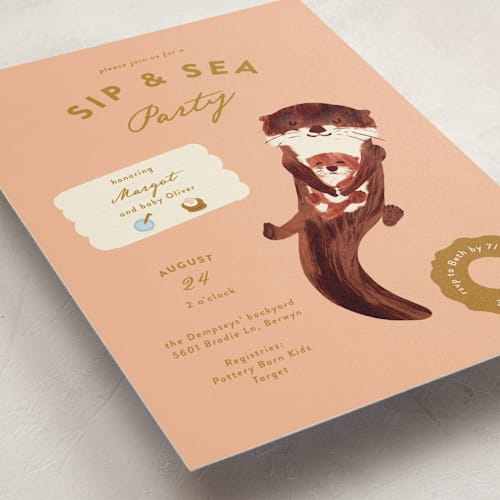 This is a peach baby shower invitations with standard by Gwen Bedat called sip & sea printing on signature in standard
