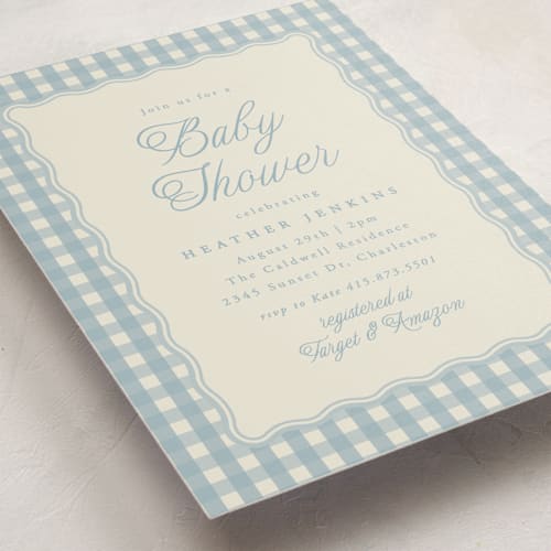 This is a pond baby shower invitations with standard by Brianne Larsen called scalloped gingham printing on signature in standard