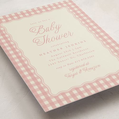 This is a cherry blossom baby shower invitations with standard by Brianne Larsen called scalloped gingham printing on signature in standard