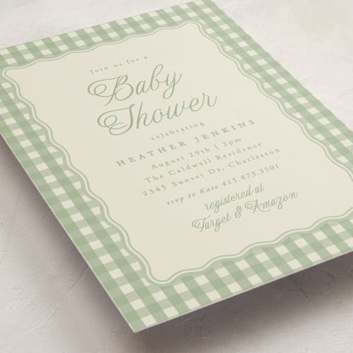 This is a pear baby shower invitations with standard by Brianne Larsen called scalloped gingham printing on signature in standard
