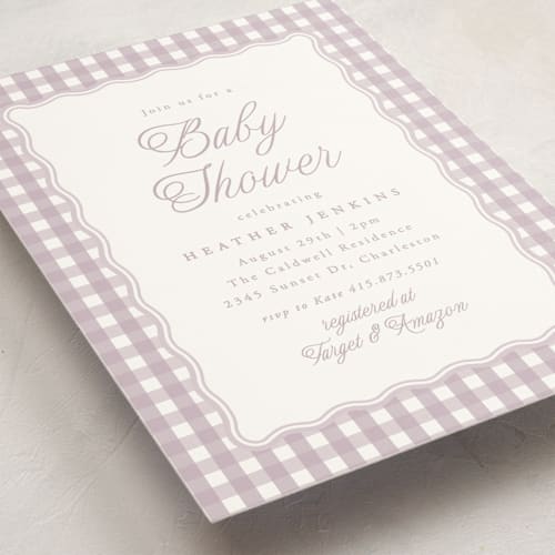 This is a lavender baby shower invitations with standard by Brianne Larsen called scalloped gingham printing on signature in standard