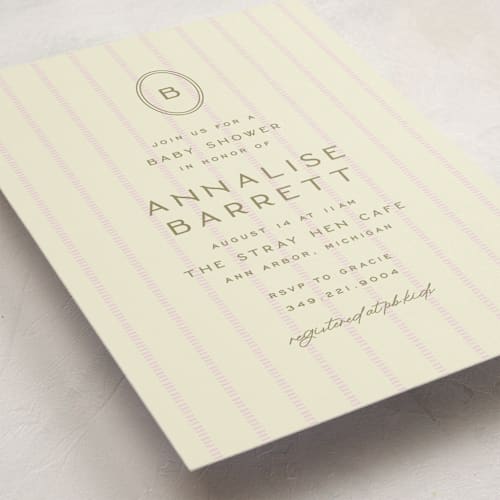 This is a blush baby shower invitations with standard by Ellen Schlegelmilch called stitched lines printing on signature in standard