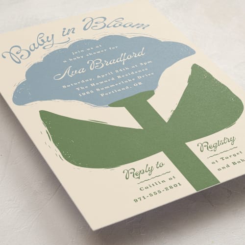 This is a cornflower baby shower invitations with standard by Lisa McLean called tulip printing on signature in standard