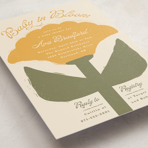 This is a marigold baby shower invitations with standard by Lisa McLean called tulip printing on signature in standard