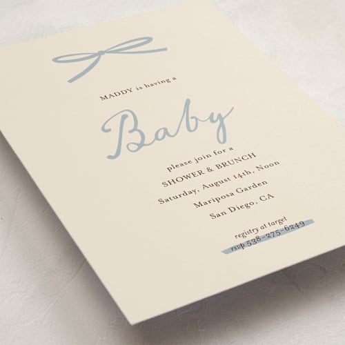 This is a denim baby shower invitations with standard by Ani Somi called baby bow printing on signature in standard
