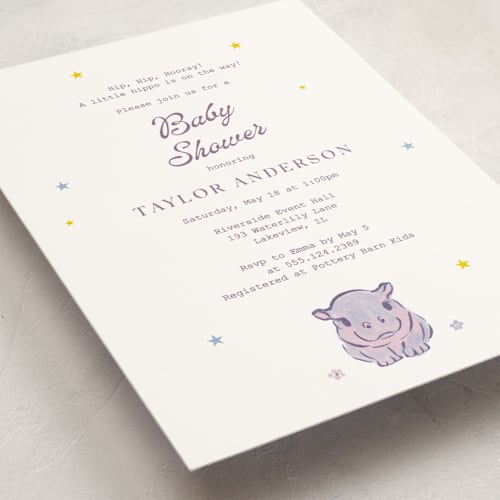 This is a cream baby shower invitations with standard by Cass Loh called baby hippo printing on signature in standard