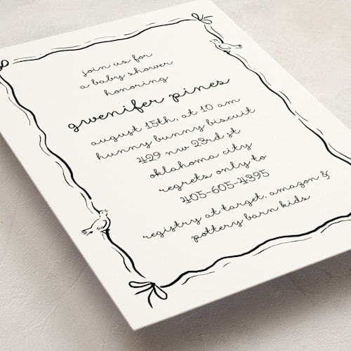 This is a cotton baby shower invitations with standard by Deynaaz Daraei called okarche printing on signature in standard