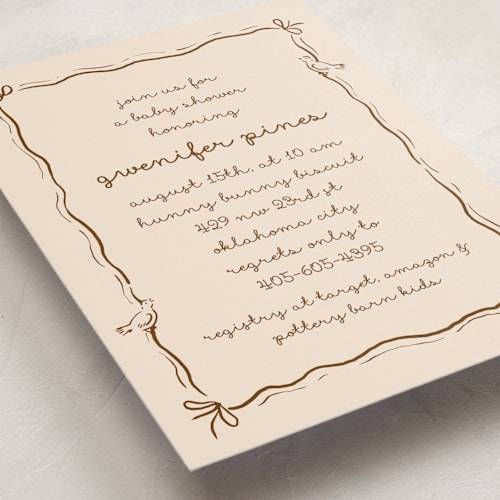 This is a cocoa baby shower invitations with standard by Deynaaz Daraei called okarche printing on signature in standard