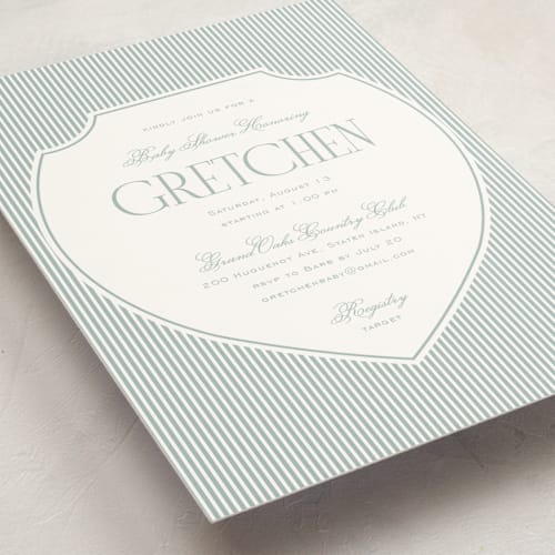 This is a french blue baby shower invitations with standard by Ashlee Townsend called the club crest printing on signature in standard