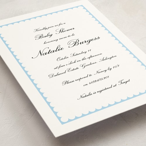 This is a sky baby shower invitations with standard by Catherine Culvenor called sweetly scalloped printing on signature in standard