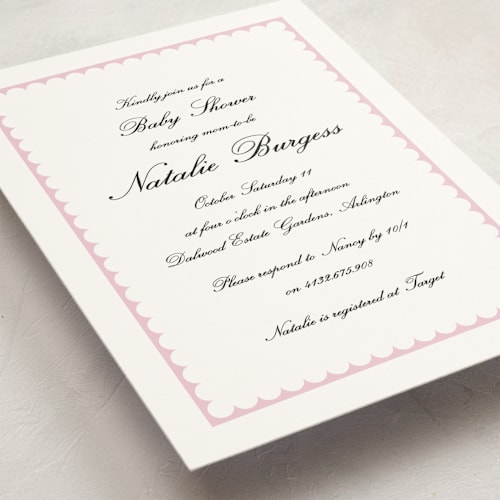 This is a rose baby shower invitations with standard by Catherine Culvenor called sweetly scalloped printing on signature in standard