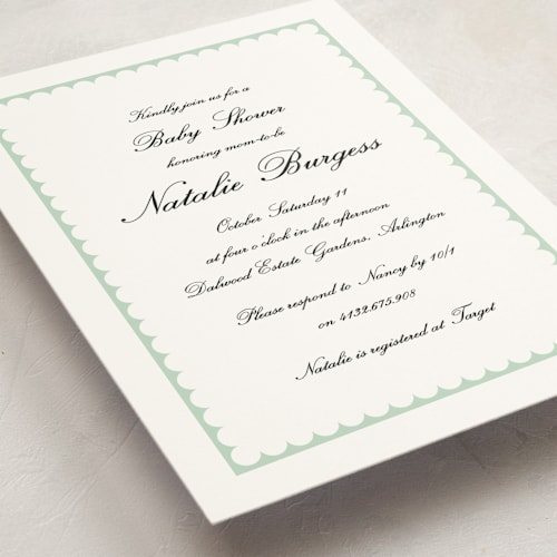 This is a pistachio baby shower invitations with standard by Catherine Culvenor called sweetly scalloped printing on signature in standard