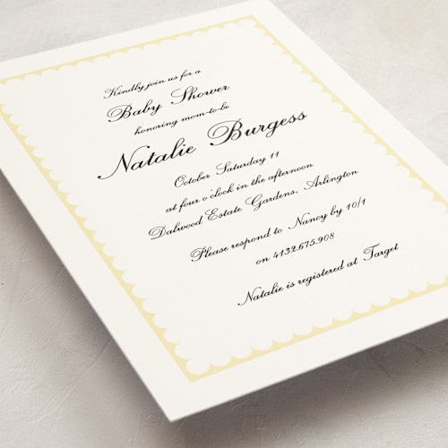 This is a lemon mirangue baby shower invitations with standard by Catherine Culvenor called sweetly scalloped printing on signature in standard