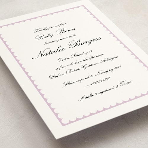 This is a lavender baby shower invitations with standard by Catherine Culvenor called sweetly scalloped printing on signature in standard