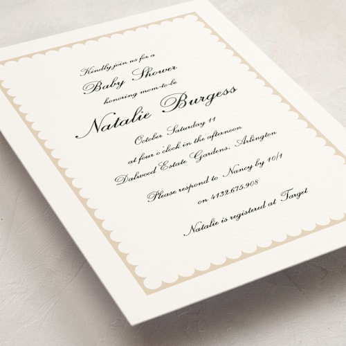 This is a biscuit baby shower invitations with standard by Catherine Culvenor called sweetly scalloped printing on signature in standard