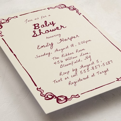 This is a rosewood baby shower invitations with standard by Cass Loh called bow corners printing on signature in standard
