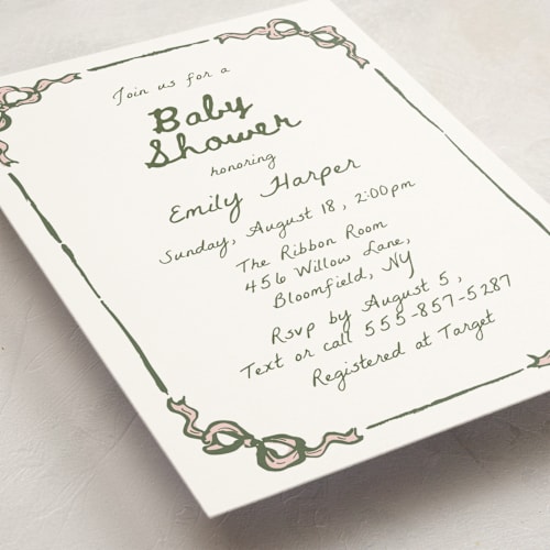 This is a moss baby shower invitations with standard by Cass Loh called bow corners printing on signature in standard