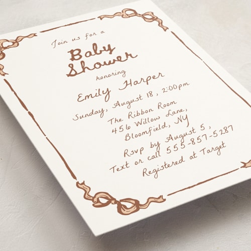 This is a cinnamon baby shower invitations with standard by Cass Loh called bow corners printing on signature in standard