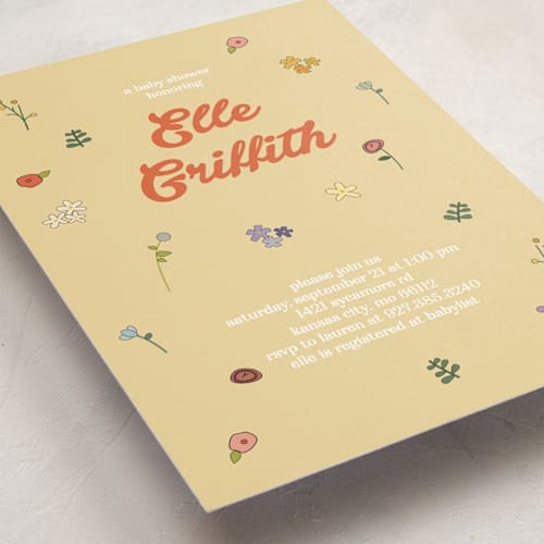 This is a daffodil baby shower invitations with standard by Felicia Balestrere called modern peach floral printing on signature in standard
