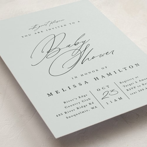 This is a dusty blue baby shower invitations with standard by Amy Payne called simply elegant printing on signature in standard