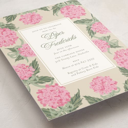 This is a petal baby shower invitations with standard by Jackie Crawford called hydrangea bow bouquets printing on signature in standard
