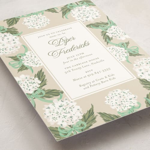 This is a mint baby shower invitations with standard by Jackie Crawford called hydrangea bow bouquets printing on signature in standard