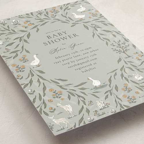 This is a mint baby shower invitations with standard by Melissa Johnson called meadow friends printing on signature in standard
