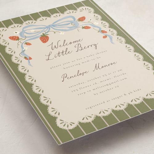 This is a leaf baby shower invitations with standard by Vera Lim called little berry printing on signature in standard