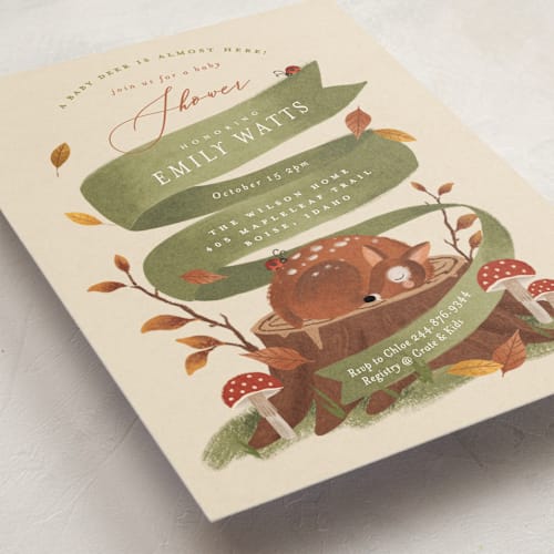 This is a moss baby shower invitations with standard by Susan Zinader called woodland deer printing on signature in standard