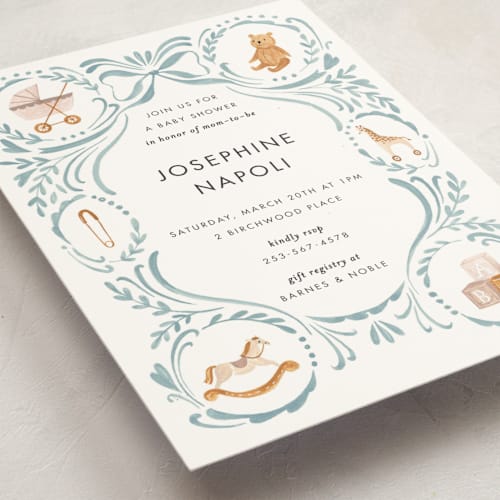 This is a cloud baby shower invitations with standard by Sarah Knight called prams, bears and baby printing on signature in standard