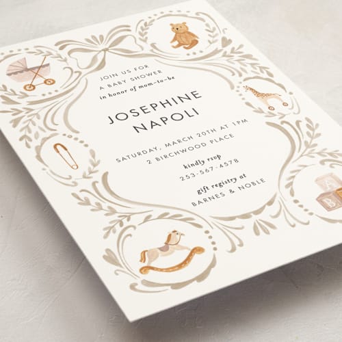 This is a linen baby shower invitations with standard by Sarah Knight called prams, bears and baby printing on signature in standard