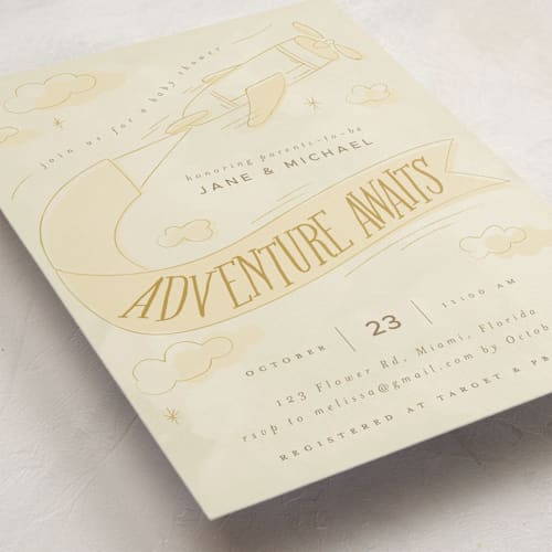 This is a mustard baby shower invitations with standard by Vera Lim called fly with me printing on signature in standard