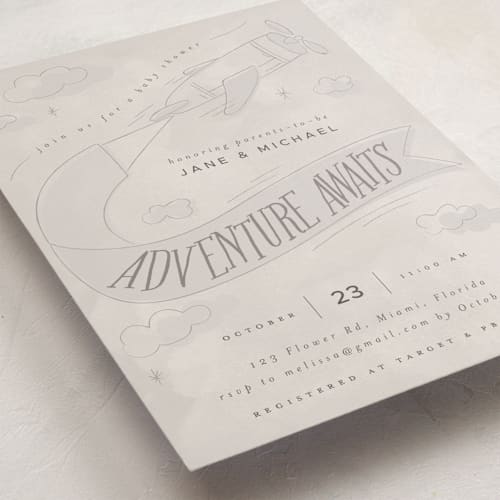 This is a galaxy baby shower invitations with standard by Vera Lim called fly with me printing on signature in standard