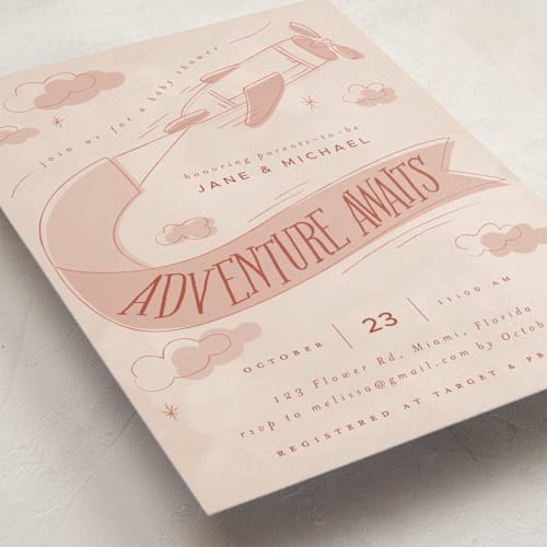 This is a tomato baby shower invitations with standard by Vera Lim called fly with me printing on signature in standard