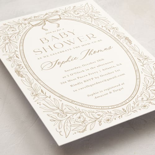 This is a champagne baby shower invitations with standard by Kristen Smith called parisian garden printing on signature in standard