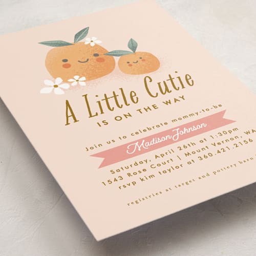 This is a peach baby shower invitations with standard by Karidy Walker called little cutie oranges printing on signature in standard