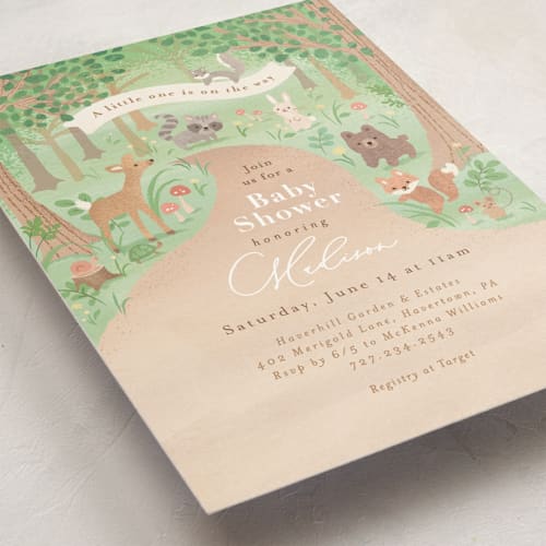 This is a earth baby shower invitations with standard by Jennifer Wick called into the woods printing on signature in standard