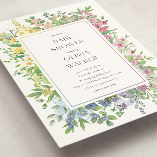 This is a cotton baby shower invitations with standard by Susan Moyal called flower garden printing on signature in standard
