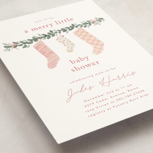 This is a candied grapefruit baby shower invitations with standard by Rebecca Durflinger called merry little stockings printing on signature in standard
