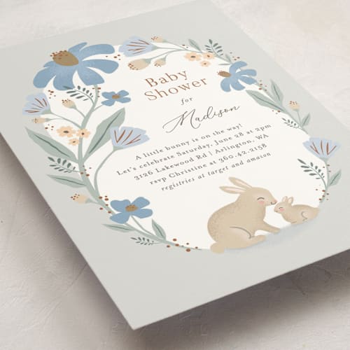 This is a dove baby shower invitations with standard by Karidy Walker called garden bunnies printing on signature in standard
