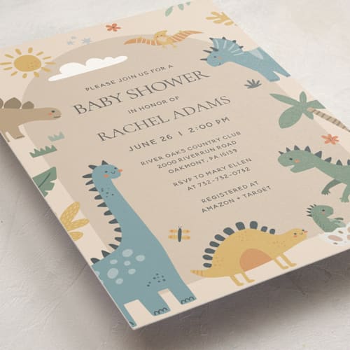 This is a tan baby shower invitations with standard by Britt called baby dino printing on signature in standard