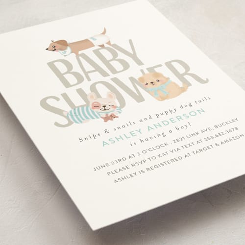 This is a little boy blue baby shower invitations with standard by Itsy Belle Studio called puppy printing on signature in standard