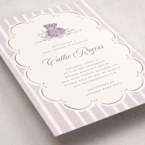 This is a lavender baby shower invitations with standard by Pati Cascino called french teddy bear printing on signature in standard