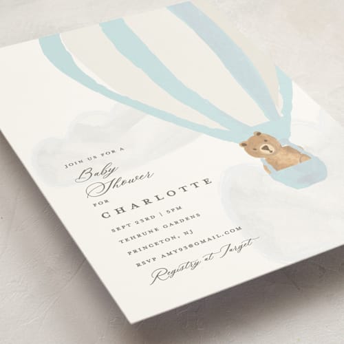 This is a blue berry baby shower invitations with standard by Teju Reval called hot air balloon bear printing on signature in standard